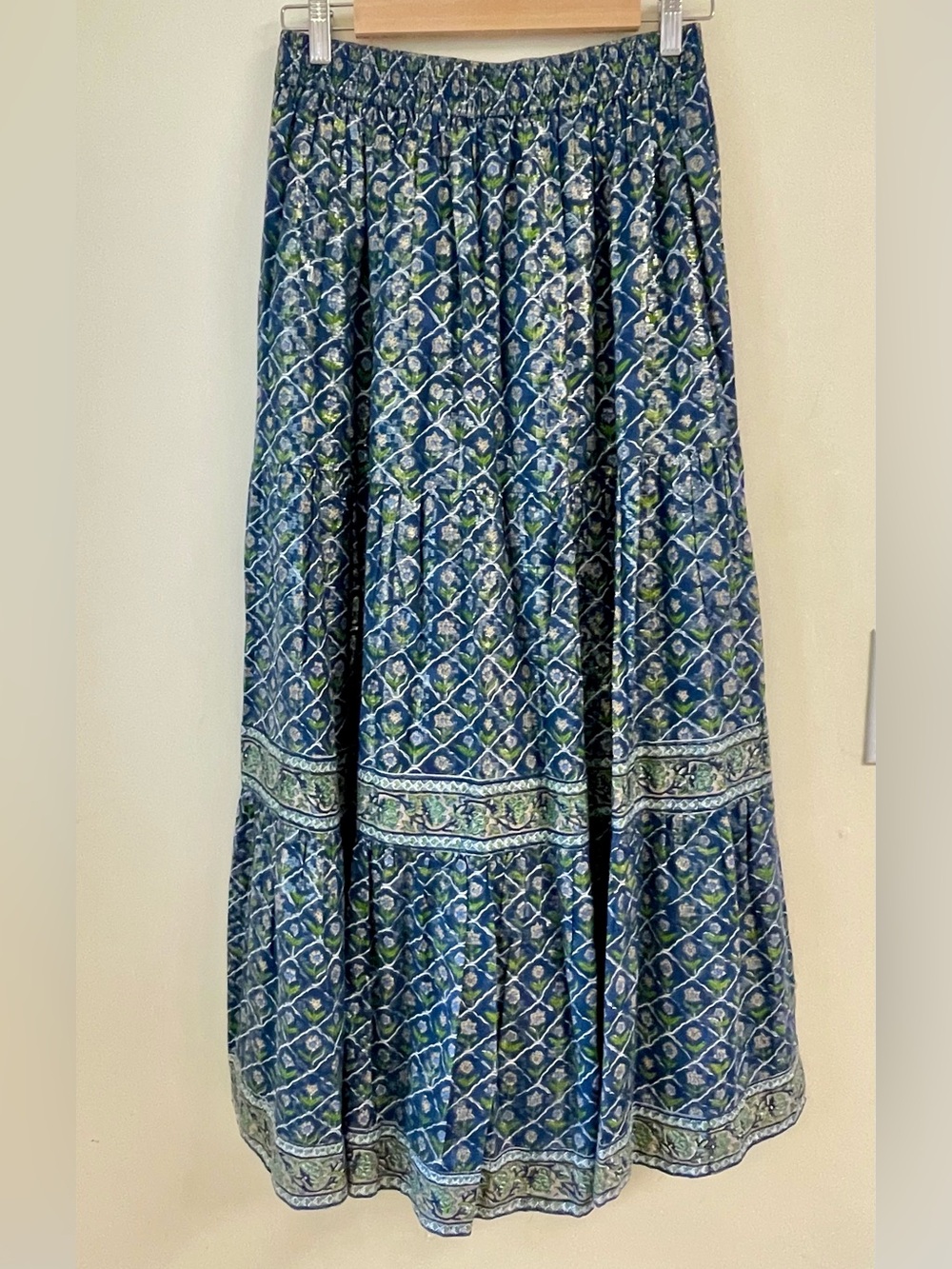 Clara The Label Maxi Skirt S Blue Floral Metallic Gold Boho Tiered